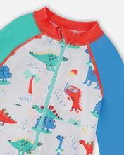 Load image into Gallery viewer, Deux Par Deux Baby Boy One Piece Rashguard Swimsuit Baby Dinosaurs Print: Size 3/6M to 3/4 Years