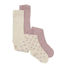 Load image into Gallery viewer, Minymo Girls Set Of Two Tights In Colour Pink/Cream with Pink Hearts: Size 2-3Y to 8-9Y