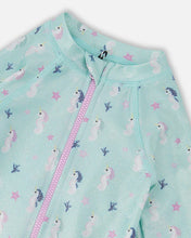 Load image into Gallery viewer, Deux Par Deux Baby Boy One Piece Rashguard Swimsuit Baby Glitter Seahorse Print: Size 3/6M to 3/4 Years