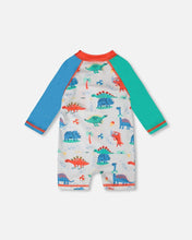 Load image into Gallery viewer, Deux Par Deux Baby Boy One Piece Rashguard Swimsuit Baby Dinosaurs Print: Size 3/6M to 3/4 Years