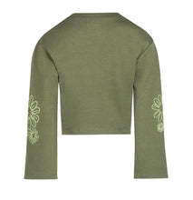 Load image into Gallery viewer, Army Green Cropped Long Sleeved Shirt with Daisy Details: Size 4 to 12 Years
