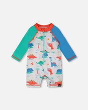 Load image into Gallery viewer, Deux Par Deux Baby Boy One Piece Rashguard Swimsuit Baby Dinosaurs Print: Size 3/6M to 3/4 Years