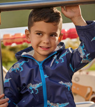 Load image into Gallery viewer, Hatley Boys T-Rex Attack Sherpa Lined Zip-Up Rain Jacket: Size 3-7 years