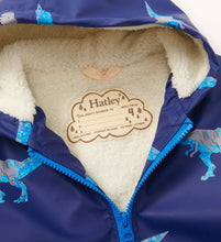 Load image into Gallery viewer, Hatley Boys T-Rex Attack Sherpa Lined Zip-Up Rain Jacket: Size 3-7 years