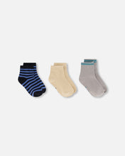 Load image into Gallery viewer, Deux Par Deux 3 Pack Sock (Blue Stripes/Sand/Grey): Size 3/4 to 10/12 Years