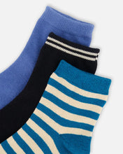 Load image into Gallery viewer, Deux Par Deux 3 Pack Sock (Teal Stripes/Blue/Black): Size 3/4 to 10/12 Years