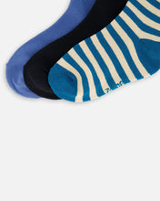 Load image into Gallery viewer, Deux Par Deux 3 Pack Sock (Teal Stripes/Blue/Black): Size 3/4 to 10/12 Years