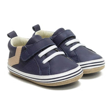 Load image into Gallery viewer, Robeez “Adam” Soft Sole Leather Baby Shoes in Navy