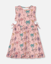 Load image into Gallery viewer, Deux Par Deux Printed Organic Cotton Dress With Cut Outs Palm Trees, Pink Flamingo, And Turquoise: Size 2 to 10