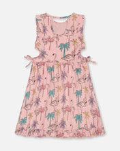 Load image into Gallery viewer, Deux Par Deux Printed Organic Cotton Dress With Cut Outs Palm Trees, Pink Flamingo, And Turquoise: Size 2 to 10