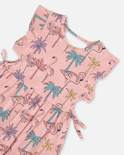 Load image into Gallery viewer, Deux Par Deux Printed Organic Cotton Dress With Cut Outs Palm Trees, Pink Flamingo, And Turquoise: Size 2 to 10