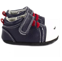 Load image into Gallery viewer, Jack & Lily White and Navy Leather with Red Laces Baby Boy Sneakers : Sizes 0m to 36m