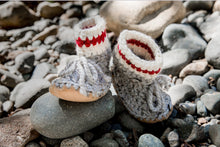 Load image into Gallery viewer, Huddy Buddies Light Grey Sock Monkey Knitted Baby Shoes: Sizes 0M to 2Y