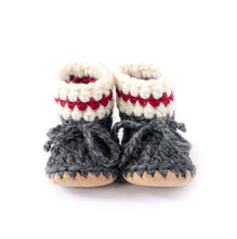 Load image into Gallery viewer, Huddy Buddies Dark Grey Sock Monkey Knitted Baby Shoes: Sizes 0M to 2Yh