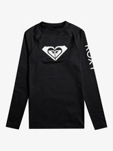 Load image into Gallery viewer, Roxy Girl's Whole Hearted Long Sleeve UPF 50  Rashguard in Black : Sizes 8 to 16 Years