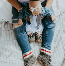 Load image into Gallery viewer, Huddy Buddies Dark Grey Sock Monkey Knitted Baby Shoes: Sizes 0M to 2Yh