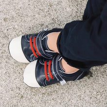 Load image into Gallery viewer, Jack & Lily White and Navy Leather with Red Laces Baby Boy Sneakers : Sizes 0m to 36m