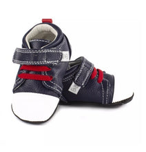 Load image into Gallery viewer, Jack & Lily White and Navy Leather with Red Laces Baby Boy Sneakers : Sizes 0m to 36m
