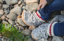 Load image into Gallery viewer, Huddy Buddies Light Grey Sock Monkey Knitted Baby Shoes: Sizes 0M to 2Y