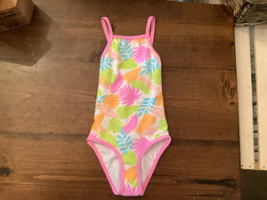Mandarine & Co Girls Ribbed Leaf Print One Piece Swimsuit: Size 2 to 7