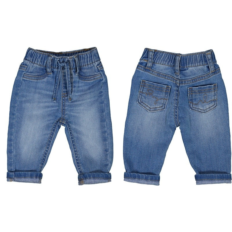 Mayoral Baby Denim Joggers with Cuffed Hem: Size 1M to 18M