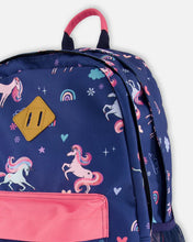 Load image into Gallery viewer, Deux Par Deux Backpack Navy Unicorn Print
