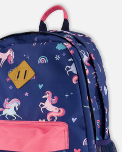 Deux Par Deux Backpack Navy Unicorn Print