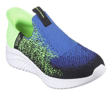 Load image into Gallery viewer, Skechers “Brisk Spec” Stretch Slip on Sneakers in Blue/Lime: Size 1 to 6
