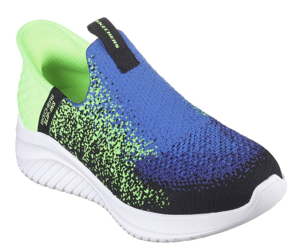 Skechers “Brisk Spec” Stretch Slip on Sneakers in Blue/Lime: Size 1 to 6