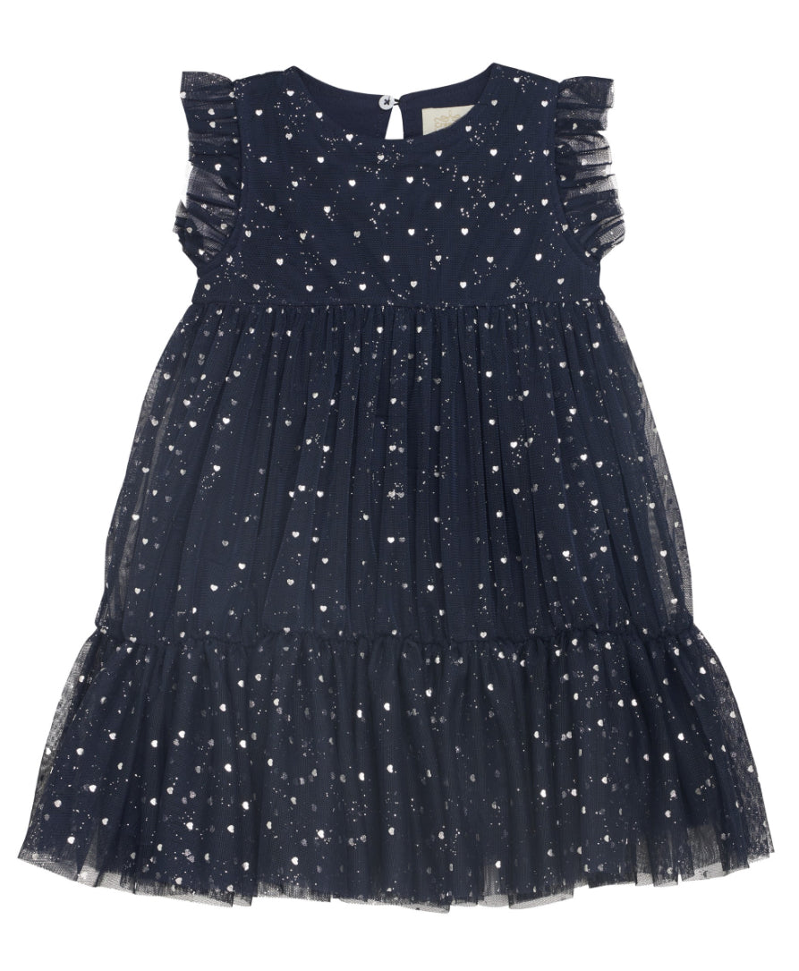 Minymo Short Sleeved Black Sparkle Heart Dress: Size 6-12M to 7 Years