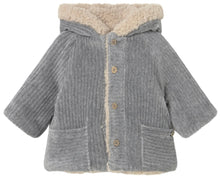 Load image into Gallery viewer, Mayoral Reversible Corduroy/Sherpa Hooded Coat in Grey Blue: Size 2/4m to 18m
