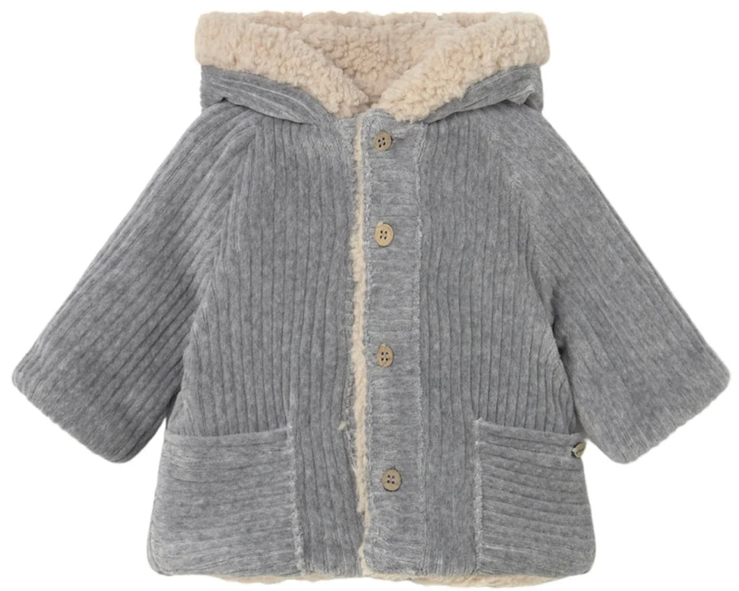 Mayoral Reversible Corduroy/Sherpa Hooded Coat in Grey Blue: Size 2/4m to 18m