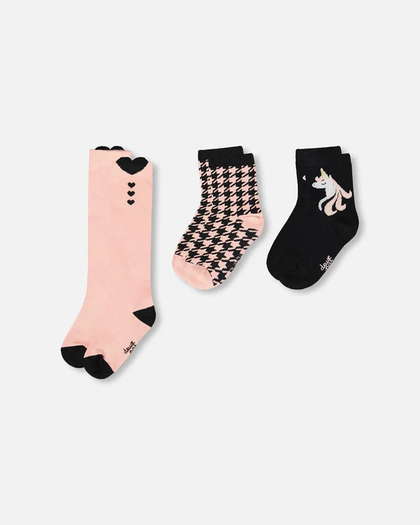 Deux Par Deux 3 Pack Socks - Unicorn/Argyle/Heart: Size 3/4 to 10/12 Years