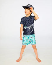 Load image into Gallery viewer, Deux Par Deux Dino Print Short Sleeved Rashguard: Size 2/3 to 9/10 Years
