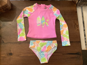 Mandarine & Co Girls Surf Board & Leaf Print Two Piece Rashguard Swimsuit: Size 2 to 7