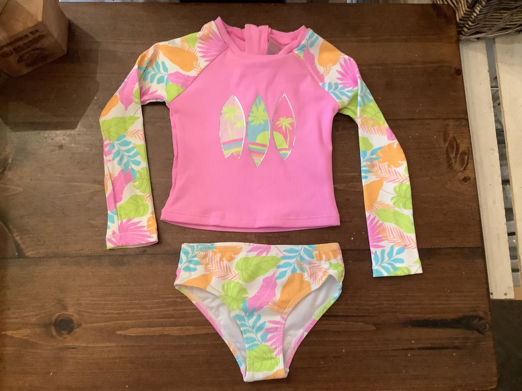 Mandarine & Co Girls Surf Board & Leaf Print Two Piece Rashguard Swimsuit: Size 2 to 7