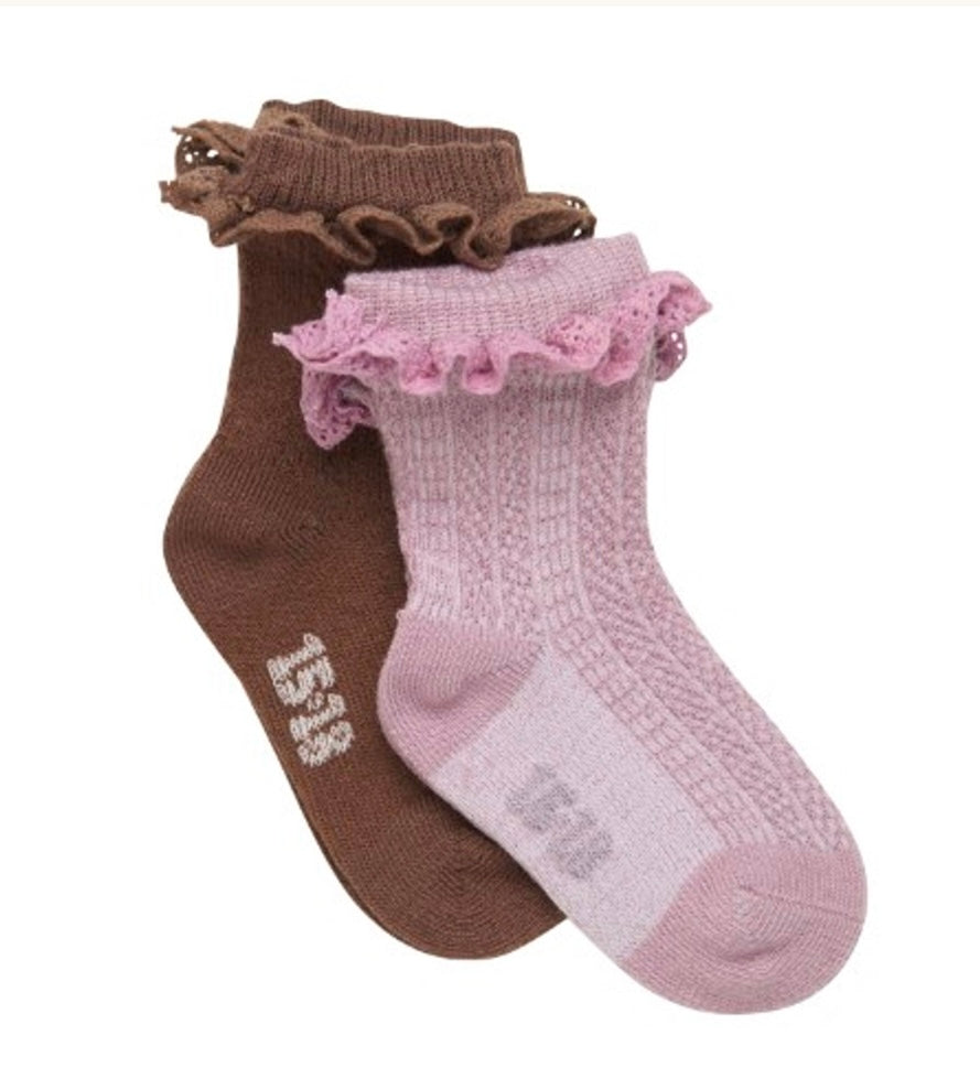Minymo Socks with Lace Ruffle Pink/Brown Pair: Shoe Size 7 to 2