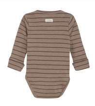 Load image into Gallery viewer, Fixoni Organic Cotton Long Sleeved Onesie in Mocha Stripes: Size 0M to 18M
