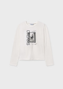 Mayoral Long Sleeved Ballerina Printed Cotton Shirt in White: Sizes 8-18