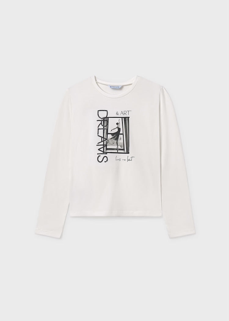 Mayoral Long Sleeved Ballerina Printed Cotton Shirt in White: Sizes 8-18