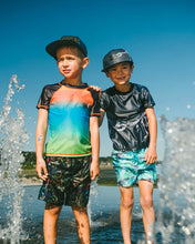 Load image into Gallery viewer, Deux Par Deux Dino Print Short Sleeved Rashguard: Size 2/3 to 9/10 Years
