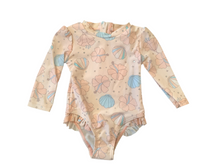 Load image into Gallery viewer, Mandarine &amp; Co Baby Girls One Piece Seashell Print Rashguard Swimsuit: Size 6M to 24M
