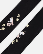 Load image into Gallery viewer, Deux Par Deux Tights- Black with Unicorn and Hearts:  Size 3/4 to 10/12 Years
