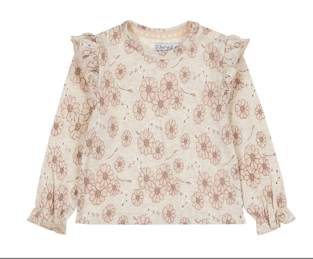 Baby Girl Pale Pink Daises Shirt with Ruffle Detail: Size 9M to 24M