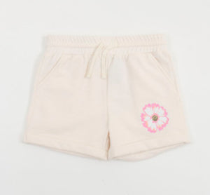 Girls Soft Cotton Jog Shorts with Flower Graphic on Cream: Size 2/3 to 5/6