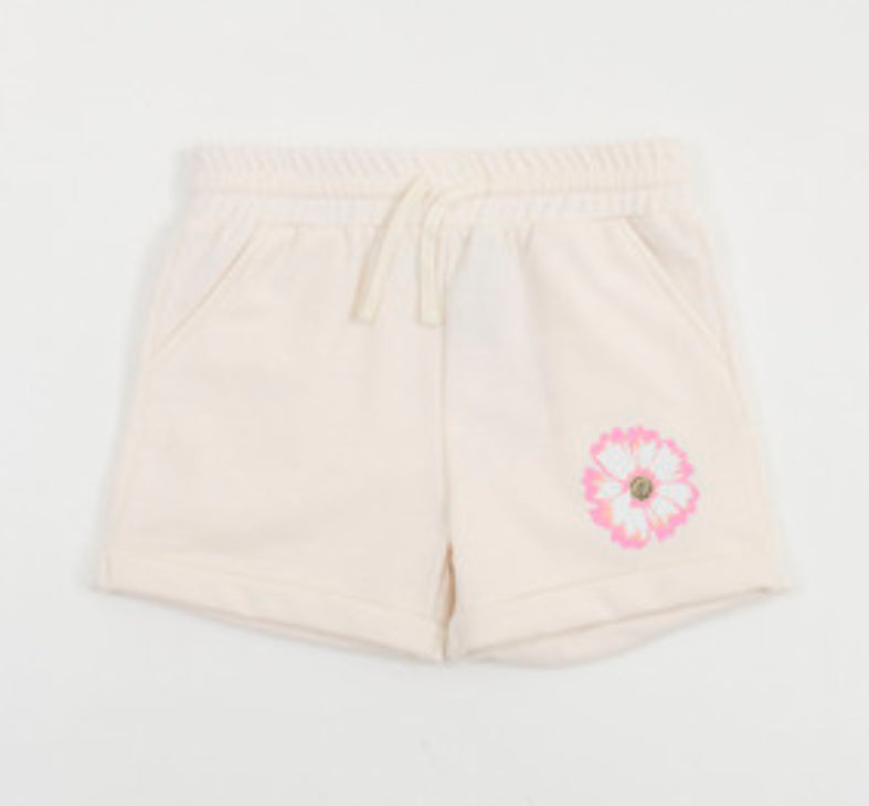 Girls Soft Cotton Jog Shorts with Flower Graphic on Cream: Size 2/3 to 5/6