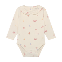 Load image into Gallery viewer, Fixoni Baby Girl Organic Cotton Ruffled Collar Long Sleeved Onesie in Butterfly Print: Size 0M to 12M
