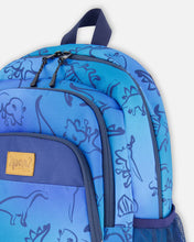 Load image into Gallery viewer, Deux Par Deux Backpack Blue Gradient Dinosaur Print

