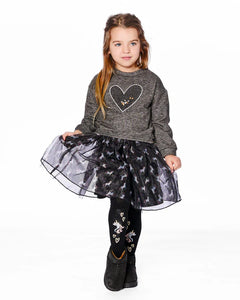 Deux Par Deux Tights- Black with Unicorn and Hearts:  Size 3/4 to 10/12 Years