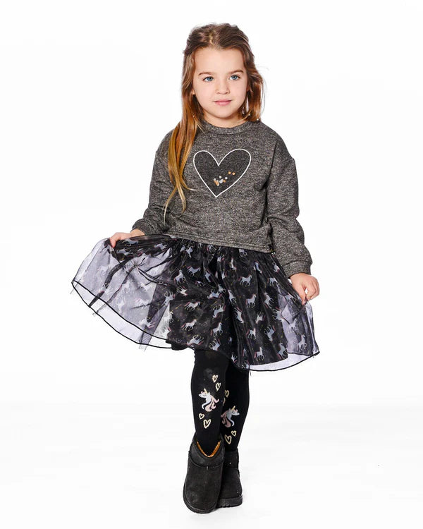 Deux Par Deux Tights- Black with Unicorn and Hearts:  Size 3/4 to 10/12 Years